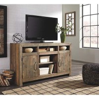 Signature Design By Ashley Sommerford Rustic Solid Pine Wood Tv Stand Fits Tvs Up To 60, 2 Cabinets, 3 Storage Cubbies, 2 Adjustable Shelves, Brown