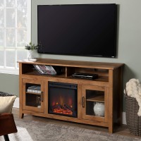 Walker Edison Glenwood Rustic Farmhouse Glass Door Highboy Fireplace Tv Stand For Tvs Up To 65 Inches, 58 Inch, Barnwood