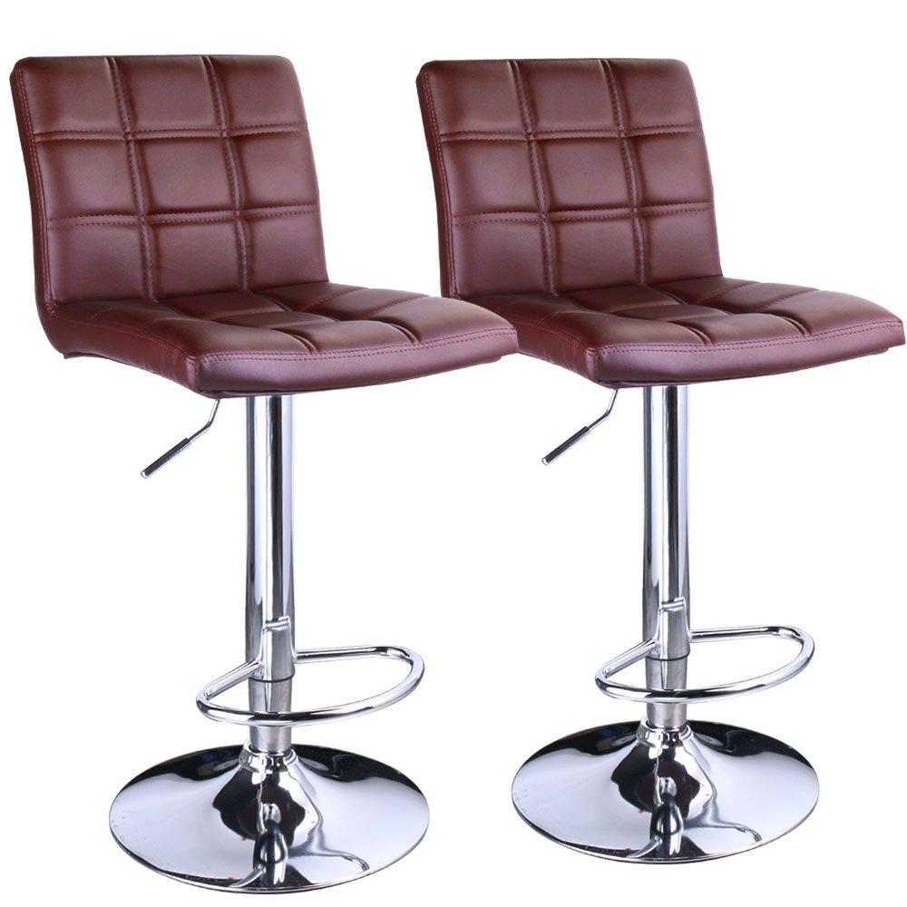 Leopard Adjustable Leather Bar Stools Square Back, Leather Padded With Back, Set Of 2 (Khaki)