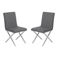 Armen Living Tempe Dining Chair Set Of 2 In Faux Leather And Brushed Stainless Steel Finish Gray