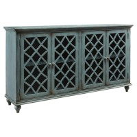 Signature Design By Ashley Mirimyn Vintage 69 4-Door Accent Cabinet With Mirrored Glass And 2 Adjustable Shelves, Antique Blue