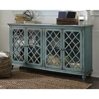 Signature Design By Ashley Mirimyn Vintage 69 4-Door Accent Cabinet With Mirrored Glass And 2 Adjustable Shelves, Antique Blue