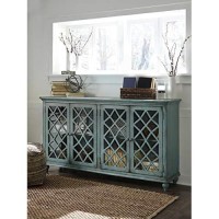 Signature Design By Ashley Mirimyn Vintage 69 4-Door Accent Cabinet With Mirrored Glass And 2 Adjustable Shelves, Antique Blue