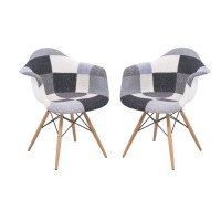 Leisuremod Willow Mid-Century Fabric Eiffel Wooden Base Accent Side Armchair, Set Of 2 (Patchwork)