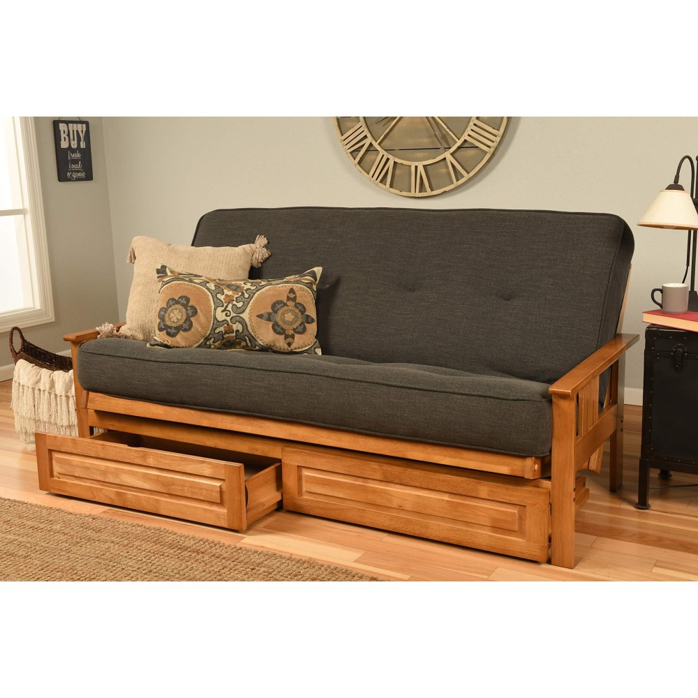 Kodiak Furniture Monterey Futon Set With Storage Drawers With Butternut Base And Linen Charcoal Mattress