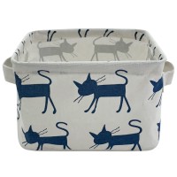 Mziart Small Foldable Canvas Storage Basket With Handles, Cotton Linen Storage Bin Organizer For Nursery Kids Shelves & Desks (Blue Cat)