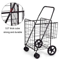 Goplus Jumbo Folding Shopping Cart With Rolling Swivel Wheels, Foldable Grocery Cart On Wheels With Double Basket, Heavy Duty Utility Cart, Shopping Carts For Groceries Laundry Book Luggage Travel