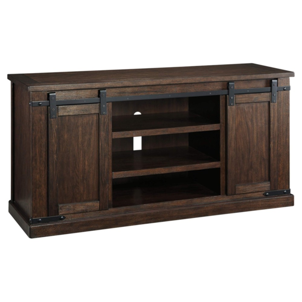 Signature Design By Ashley Budmore Farmhouse Tv Stand Fits Tvs Up To 58, 2 Sliding Barn Doors And 6 Storage Shelves, Dark Brown