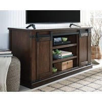 Signature Design By Ashley Budmore Farmhouse Tv Stand Fits Tvs Up To 58, 2 Sliding Barn Doors And 6 Storage Shelves, Dark Brown