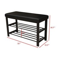 Finnhomy Entryway Shoe Rack With Cushioned Seat, 2 Shelves Storage Bench W/Faux Leather Top Bed Bench, Black