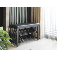 Finnhomy Entryway Shoe Rack With Cushioned Seat, 2 Shelves Storage Bench W/Faux Leather Top Bed Bench, Black