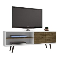 Manhattan Comfort Liberty Collection Mid Century Modern Tv Stand With One Cabinet And Two Shelves Wood Medium Whiterustic