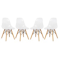 Leisuremod Dover Plastic Molded Dining Side Chair With Wood Dowel Legs Set Of 4 (Clear)