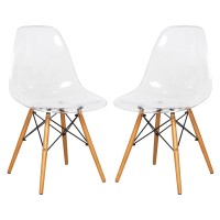 Leisuremod Dover Plastic Molded Dining Side Chair With Wood Dowel Legs Set Of 2 (Clear)