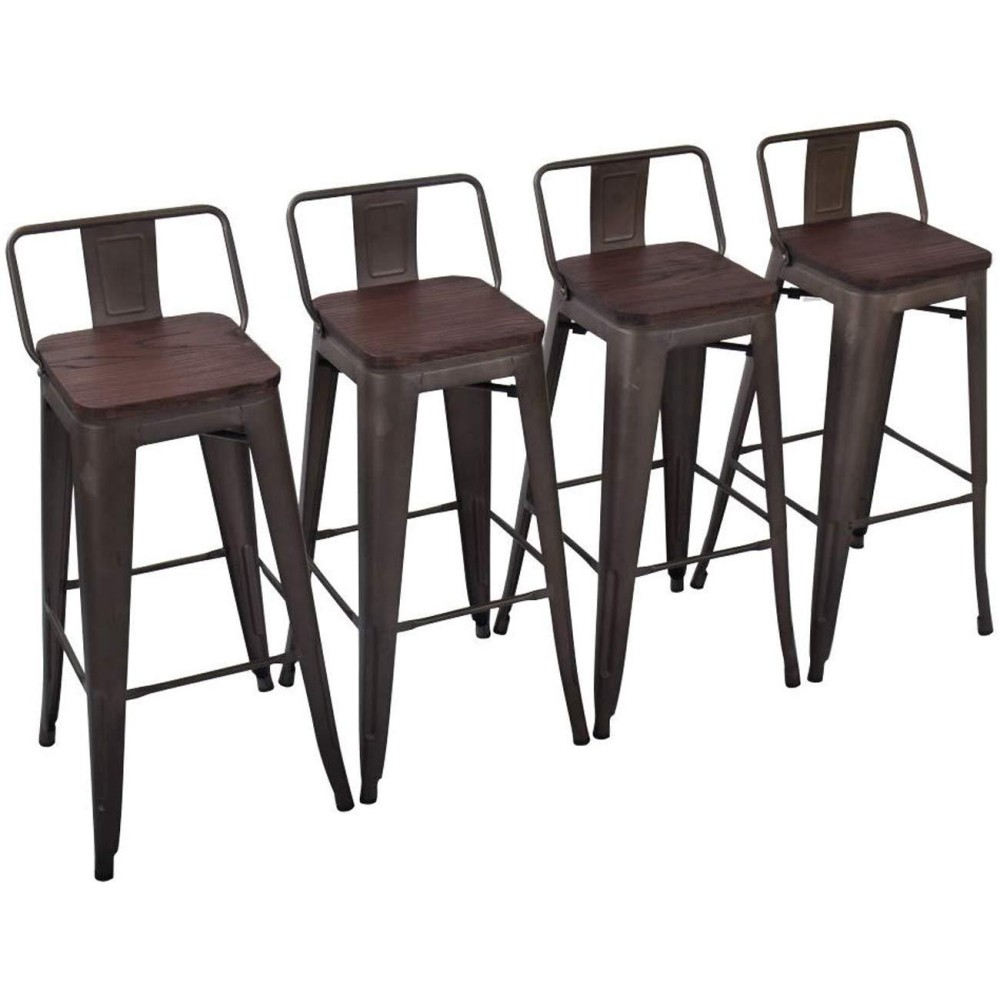 Yongchuang 30 Bar Height Metal Barstools With Backs Industrial Bar Stools Set Of 4 (Wooden Top Low Back, Gunmetal)