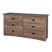 Prepac Salt Spring 6 Drawer Double Dresser For Bedroom, Wide Chest Of Drawers, Traditional Bedroom Furniture, 16 D X 59 W X 29 H, Drifted Gray, Ddc-6330-V