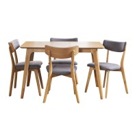 Christopher Knight Home Megann Mid-Century Wood Dining Set With Fabric Chairs, 5-Pcs Set, Natural Oak / Dark Grey
