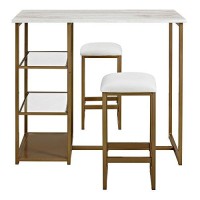 Dorel Living Tanner 3-Piece Brass Pub Set With Faux Marble Top, White