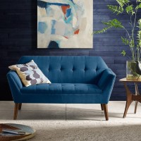 Ink+Ivy Newport Accent Armchair-Solid Wood Frame, Flare Arm Family Loveseat Settee Modern Mid-Century Style Living Room Sofa Furniture, 59 Wide, Blue