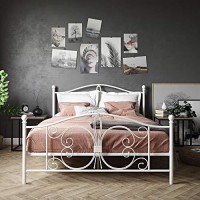 Dhp Bombay Metal Platform Bed With Parisian Style Headboard And Footboard, Adjustable Base Height For Underbed Storage, No Box Spring Needed, Queen, White