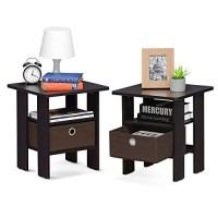 Furinno Andrey Set Of 2 End Table / Side Table / Night Stand / Bedside Table With Bin Drawer, Dark Walnut