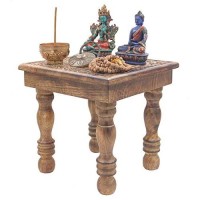 Dharmaobjects Solid Mango Wood Hand Carved Prayer Puja Shrine Altar Meditation Table (Om)