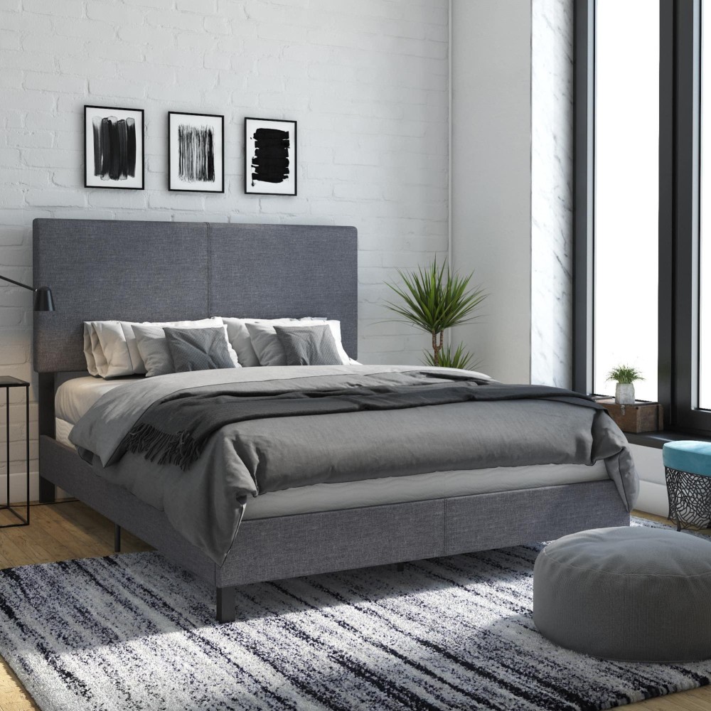 Dhp Janford Upholstered Platform Bed With Modern Vertical Stitching On Rectangular Headboard, Queen, Gray Linen