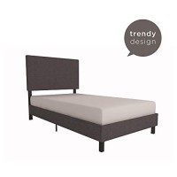 Dhp Janford Upholstered Platform Bed With Modern Vertical Stitching On Rectangular Headboard, Twin, Gray Linen