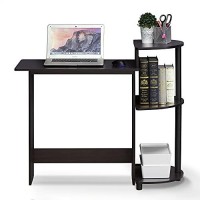 Furinno Compact Computer Desk With Shelves, Round Side, Dark Walnut
