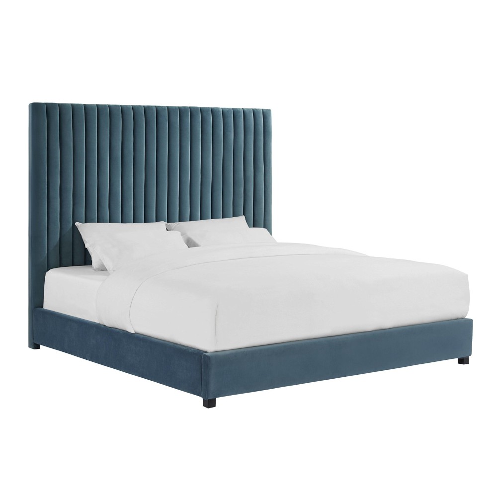 Tov Furniture The Arabelle Collection Modern Handcrafted Tufted Velvet Fabric Upholstered Solid Rubber Wood King Bed, King Size, Sea Blue