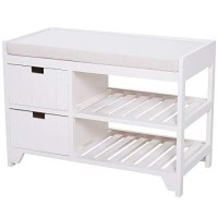 Homcom Shoe Cabinet, Wooden Storage Bench With Cushion, Entryway Rack With Drawers, Open Shelves, Country White