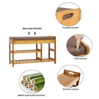 C&Ahome Shoe Bench Bamboo, 3-Tier Shoe Organizer With Cushion, Shoe Rack Bench For Entryway, Max Load 270 Lbs, Removable Seat Cushion Bench, Ideal For Hallway, Living Room, Bedroom, Light Brown
