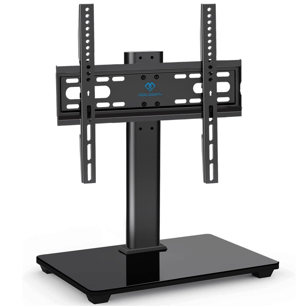 Perlesmith Universal Tv Stand - Table Top Tv Stand For 32-55 Inch Lcd Led Tvs - Height Adjustable Tv Base Stand With Tempered Glass Base & Wire Management, Vesa 400X400Mm