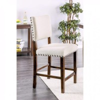 Benjara 25-Inch Set Of 2 Handcrafted Counter Height Chairs, Cherry Brown Solid Wood Frame, Beige Linen Fabric Seat