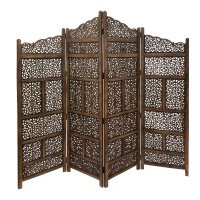 Benjara Hand Carved Foldable 4-Panel Wooden Partition Screenroom Divider, Brown