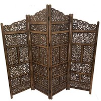 Benjara Hand Carved Foldable 4-Panel Wooden Partition Screenroom Divider, Brown