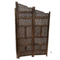 Benjara Hand Carved Foldable 4-Panel Wooden Partition Screenroom Divider, Brown