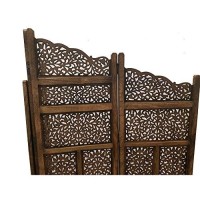 Benjara Hand Carved Foldable 4-Panel Wooden Partition Screenroom Divider, Brown