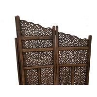 Benjara Hand Carved Foldable 4-Panel Wooden Partition Screenroom Divider, Brown