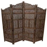 Benjara Hand Carved Foldable 4-Panel Wooden Partition Screenroom Divider, Brown