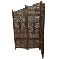 Benjara Hand Carved Foldable 4-Panel Wooden Partition Screenroom Divider, Brown