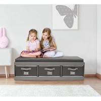 Badger Basket Kids Padded Toy Storage Bench With Cushion And Three Fabirc Bins - Gray