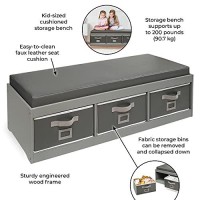 Badger Basket Kids Padded Toy Storage Bench With Cushion And Three Fabirc Bins - Gray