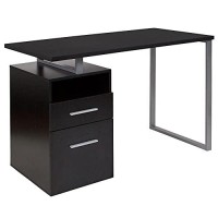 Flash Furniture Harwood Dark Ash Wood Grain Finish Computer Desk With Two Drawers And Silver Metal Frame