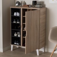 Baxton Studio Adelina Mid-Century Modern 1-Door Oak And Grey Wood Shoe Cabinet