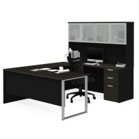 Bestar Pro-Concept Plus 72W U-Shaped Executive Desk With Pedestal And Frosted Glass Doors Hutch In Deep Grey & Black
