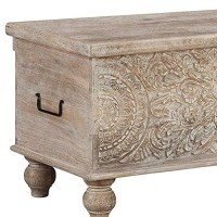 Signature Design By Ashley Fossile Ridge Boho Carved Wood Storage Bench With Hinge Top, Beige