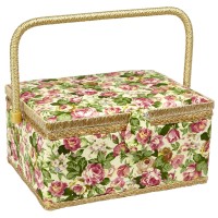 Sewing Basket With Rose Floral Print Design- Sewing Kit Storage Box With Removable Tray, Built-In Pin Cushion And Interior Pocket - Large - 12 X 9 X 6 - By Adolfo Design