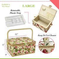 Sewing Basket With Rose Floral Print Design- Sewing Kit Storage Box With Removable Tray, Built-In Pin Cushion And Interior Pocket - Large - 12 X 9 X 6 - By Adolfo Design
