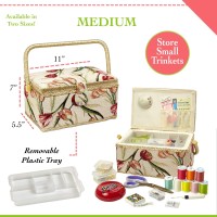 Sewing Basket With Tulip Floral Print Design- Sewing Kit Storage Box With Removable Tray, Built-In Pin Cushion And Interior Pocket - Medium - 11 X 7 X 5.5 - By Adolfo Design